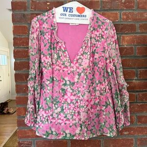 Vineyard Vines Silk Pink and Green Floral Blouse